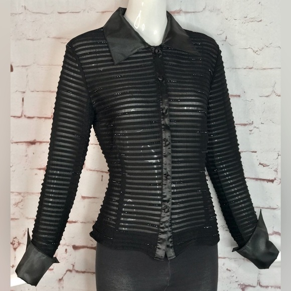 JS COLLECTIONS Evening Black Semi Sheer Satin French Cuff Beaded Blouse Size 10 - Picture 15 of 15
